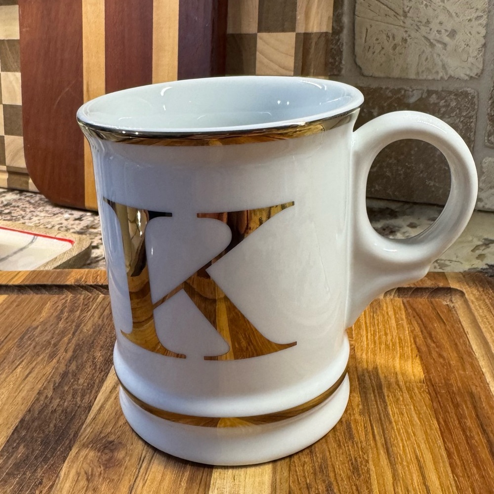 Williams Sonoma “K” Mug white with Gold Trim